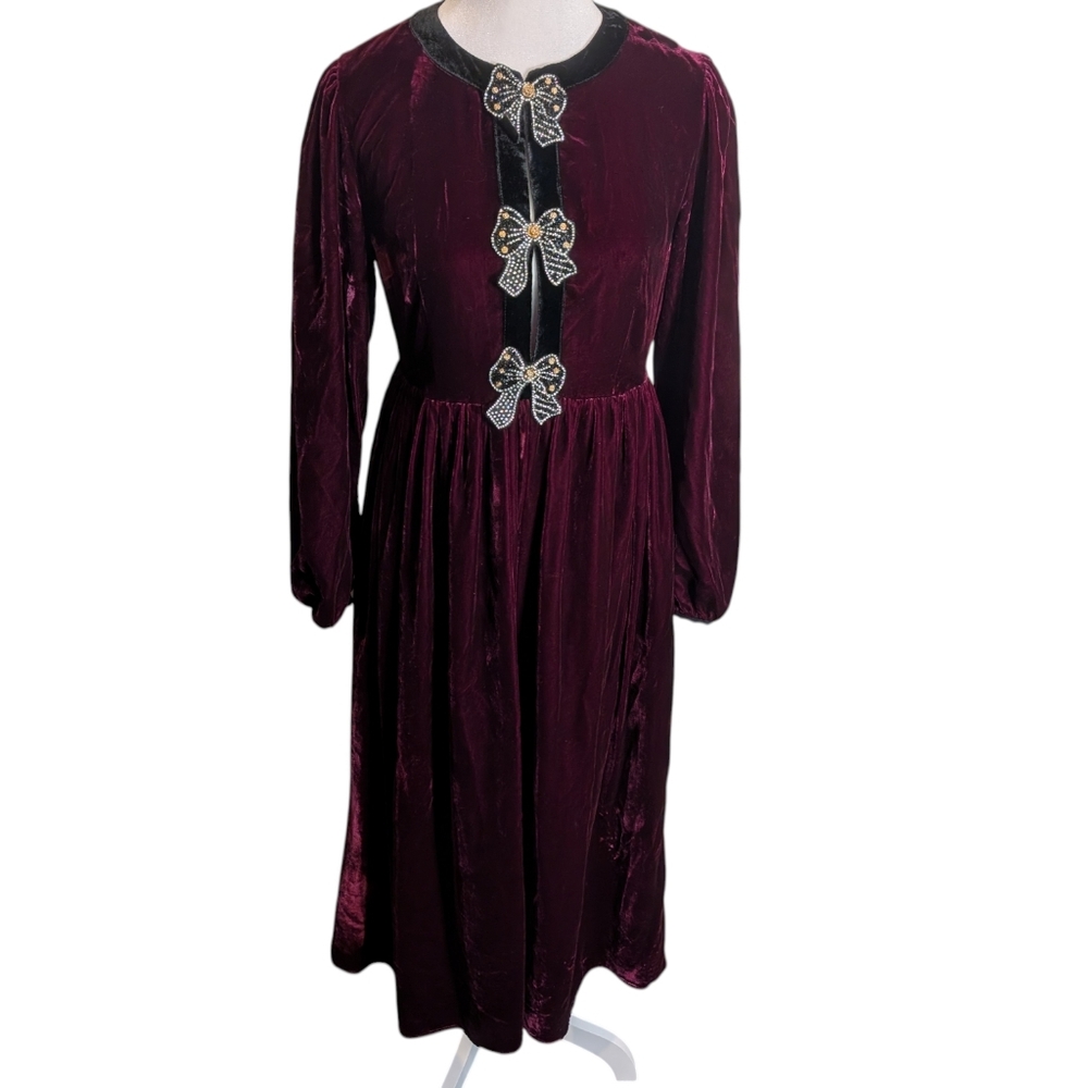 UUNIQ Burgundy Dress‎ With Rhinestone Bows Midi Velvet The Great Gatsby Size Med